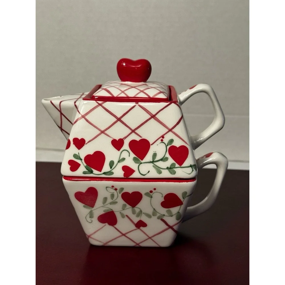 Mesa International Ceramic Hearts Teapot For One 2 PC Set w/Cup Never Used